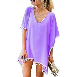 Womens Loose Kaftan Chiffon Swimwear Swimsuit Beach Bikini Cover Up Pom Pom Trim